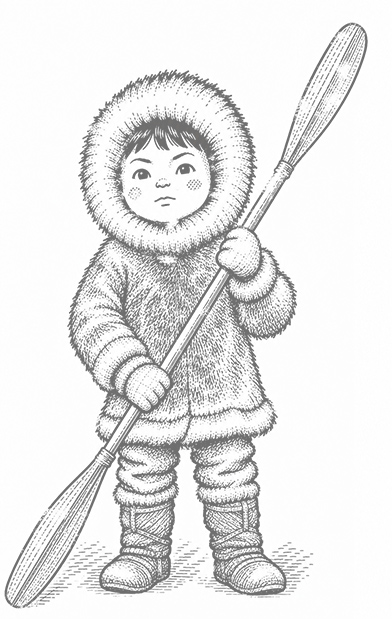 パドルを持って立つ子どもの線画イラスト