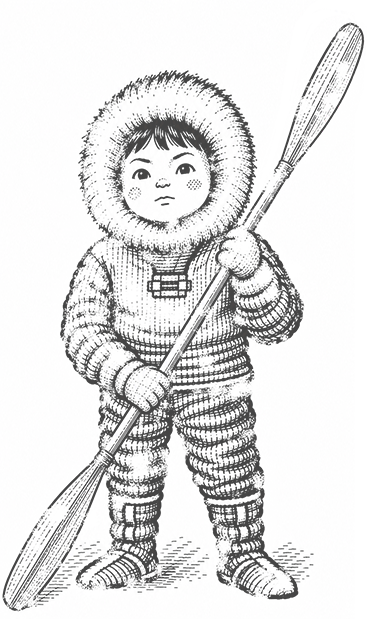 パドルを持って立つ子どもの線画イラスト