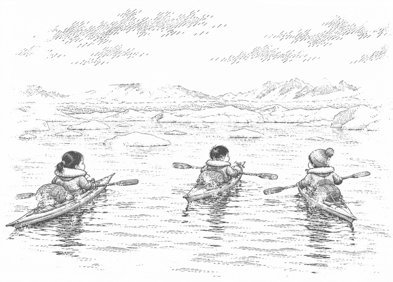 氷の浮かぶ海を三人がカヤックで進む線画イラスト