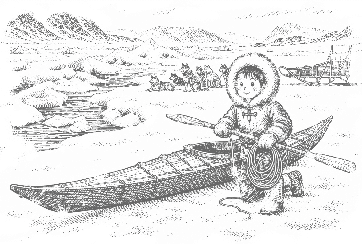 複数の人がカヤックで水面を進む線画イラスト