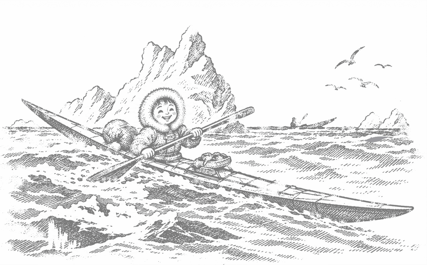 小さなカヤックに乗って海を進む子どもの線画イラスト